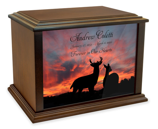 Buck and Doe at Sunset Eternal Reflections Wood Cremation Urn
