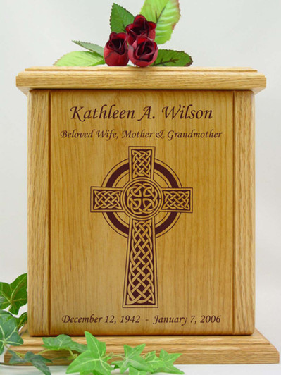 Celtic Cross Engraved Wood Cremation Urn
