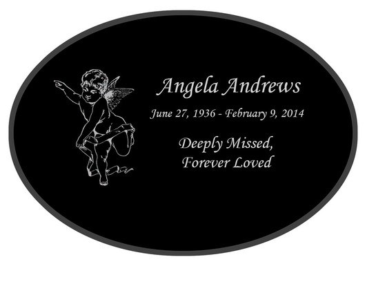 Cherub Laser-Engraved Oval Plaque Black Granite Memorial