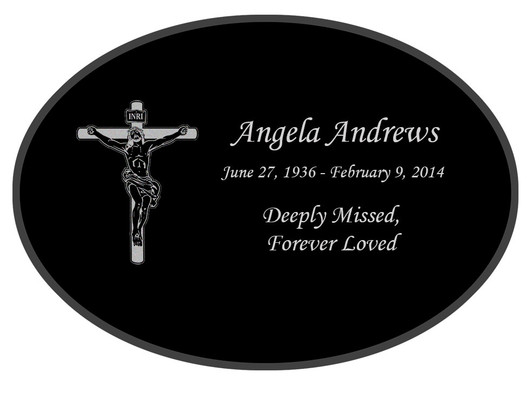 Crucifix Laser-Engraved Oval Plaque Black Granite Memorial