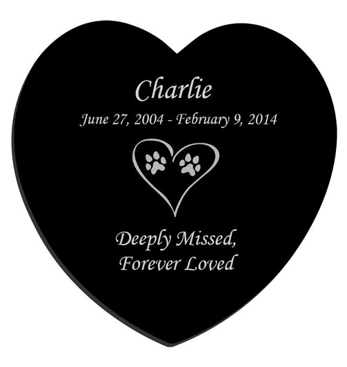 Dog Prints in Heart Laser-Engraved Pet Black Granite Memorial Heart Plaque
