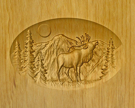 Elk & Mountains Relief Carved Engraved Wood Cremation Urn