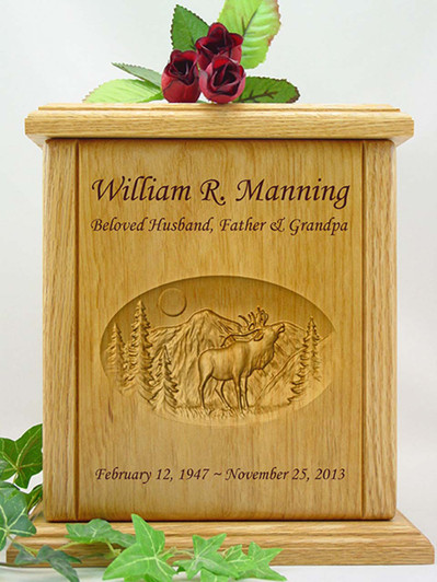 Elk & Mountains Relief Carved Engraved Wood Cremation Urn