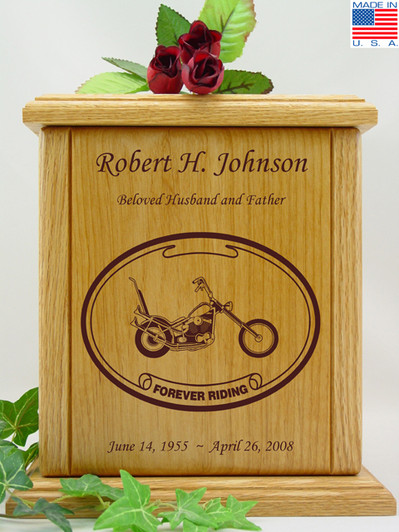 Forever Riding Chopper Motorcycle Oval Engraved Wood Cremation Urn