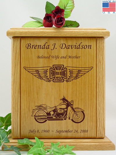 Forever Riding Custom Motorcycle Cross And Wings Engraved Wood Cremation Urn