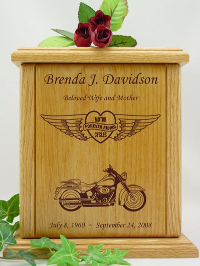 Forever Riding Custom Motorcycle Heart And Wings Engraved Wood Cremation Urn