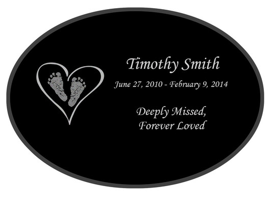 Heart with Feet Laser-Engraved Infant-Child Oval Plaque Black Granite Memorial