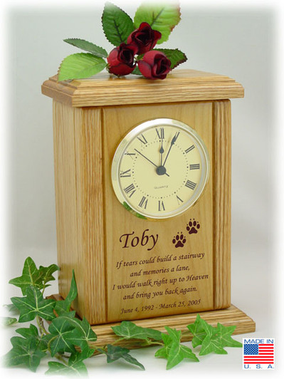 Mantel Clock With Poem And Paw Prints Engraved Wood Pet Cremation Urn