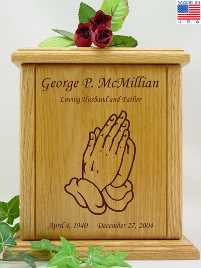 Praying Hands Engraved Wood Cremation Urn