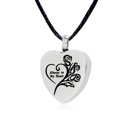 Always In My Heart with Roses Stainless Steel Cremation Jewelry Pendant Necklace