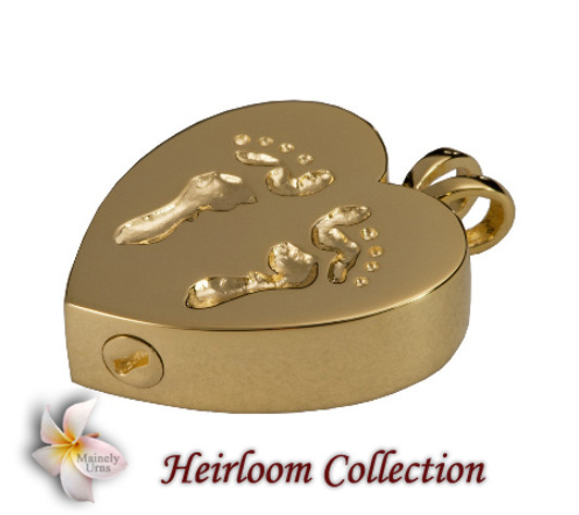 Baby Feet Heart Cremation Jewelry in 14k Gold Plated Sterling Silver