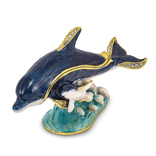 Bejeweled Blue Dolphin and Baby Keepsake Box