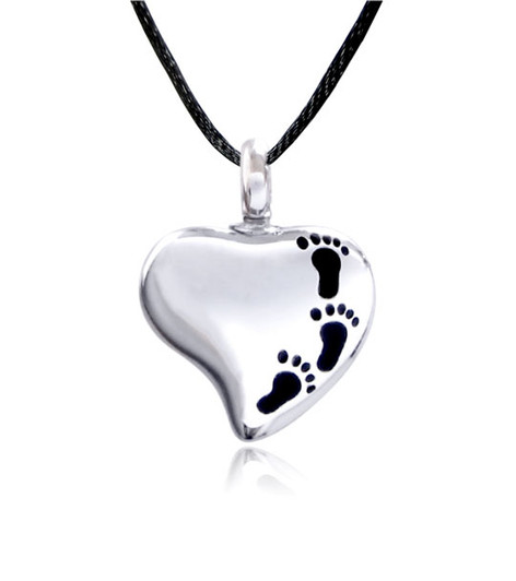 Black Footprints Heart Stainless Steel Cremation Jewelry Pendant Necklace