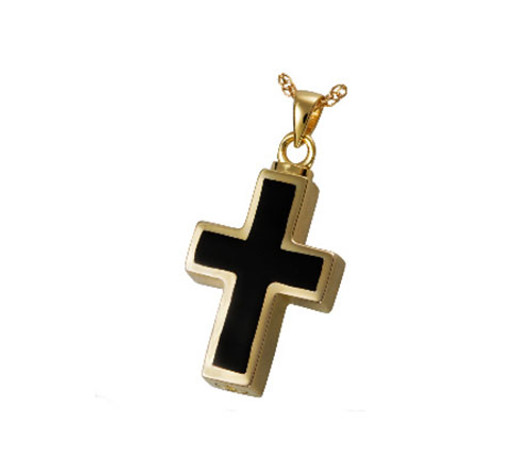 Black Inlay Cross Cremation Jewelry in Solid 14k Yellow Gold or White Gold