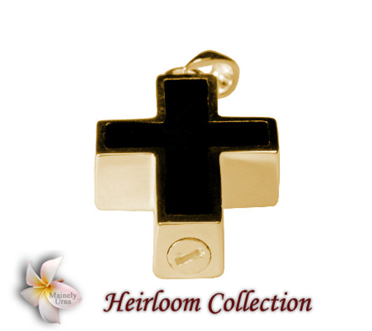Black Inlay Cross Cremation Jewelry in Solid 14k Yellow Gold or White Gold