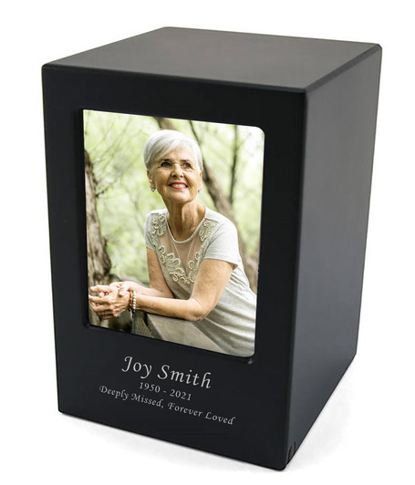 Adult Black Satin Finish MDF Wood Photo Cremation Urn