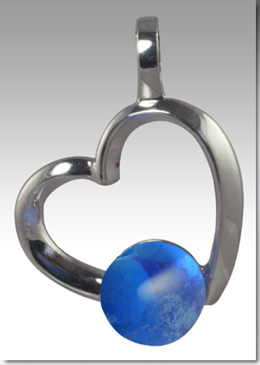 Blue Rhythm Pearl Heart Cremains Encased in Glass Sterling Silver Cremation Jewelry Pendant