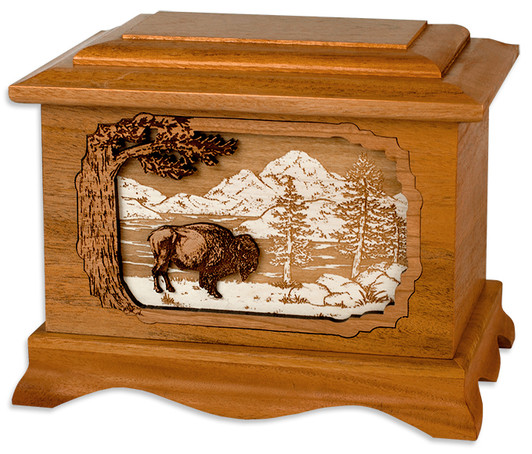 Buffalo 3D Inlay Mahogany Wood Cremation Urn