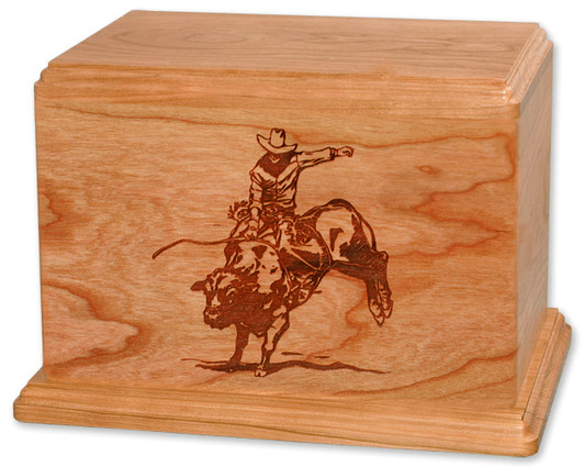 Bull Rider Cherry Wood Newport Laser Carved Cremation Urn
