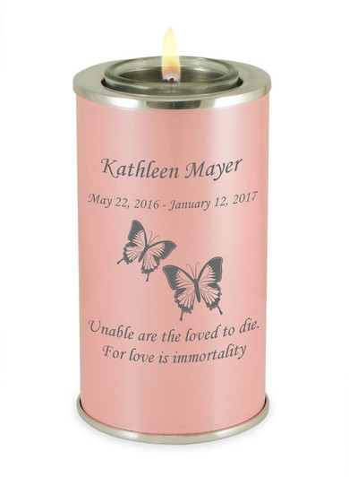 Butterflies Pearl Pink Tealight Memory Keepsake Candle Infant or Child Cremation Urn