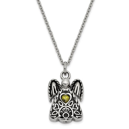 Angel with August CZ Birthstone Stainless Steel Cremation Jewelry Pendant