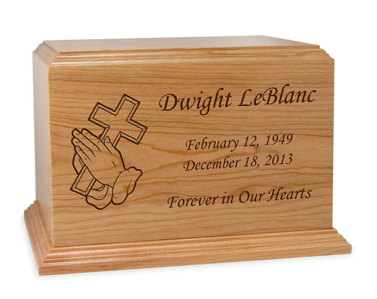 Cross in Praying Hands Senate Solid Cherry Wood Cremation Urn