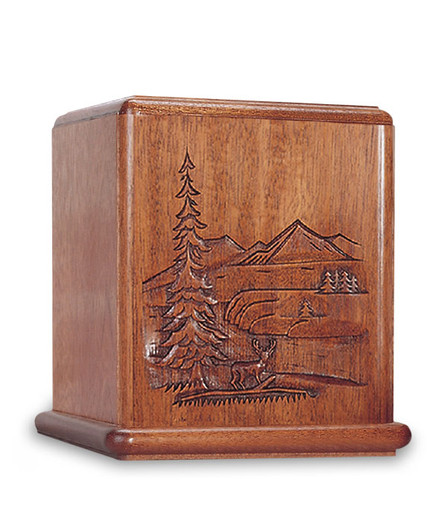 Deer In The Wilderness Scene Mahogany Cremation Urn - Engravable