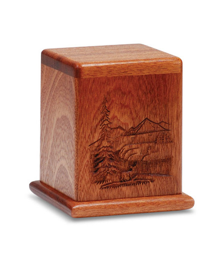 Deer In The Wilderness Scene Mahogany Keepsake Cremation Urn - Engravable