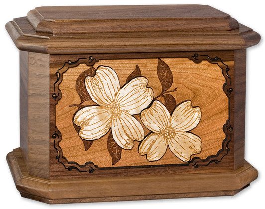 Dogwood Blossoms with 3D Inlay Walnut Wood Octagon Cremation Urn