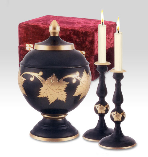 Ebony Leaf Memorial Set with Brass Cremation Urn and Candlesticks