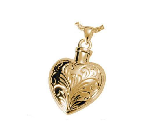 Etched Heart Cremation Jewelry in Solid 14k Yellow Gold or White Gold
