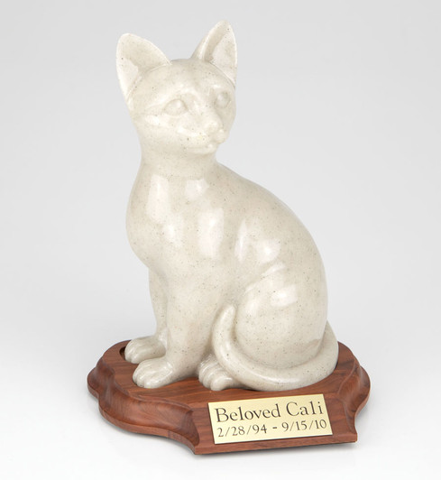 Faithful Feline Sitting Hollow Cat Urn With Walnut Base