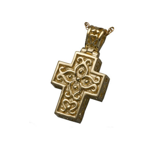 Filigree Cross Cremation Jewelry in 14k Gold Plated Sterling Silver