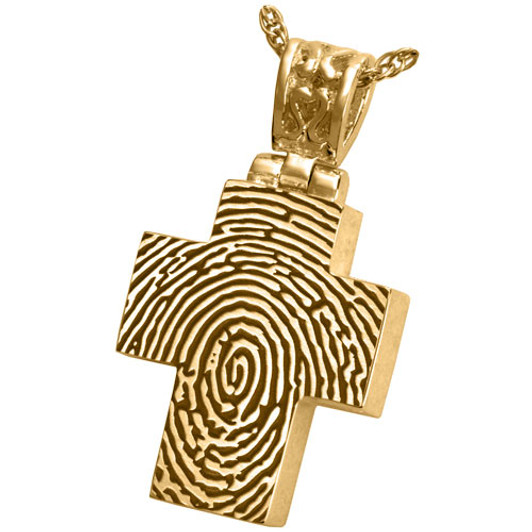 Fingerprint Cross with Filigree Bail Solid 14k Gold Memorial Cremation Pendant Necklace