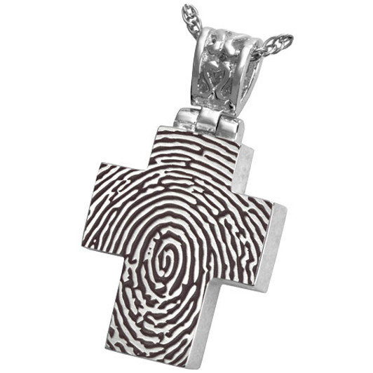 Fingerprint Cross with Filigree Bail Sterling Silver Memorial Cremation Pendant Necklace