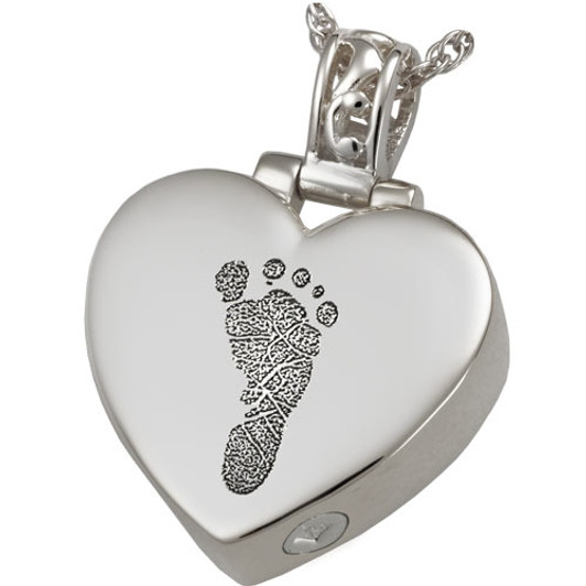 Footprint Heart with Filigree Bail Sterling Silver Memorial Cremation Pendant Necklace