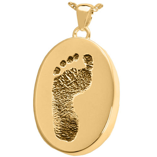 Footprint Oval Solid 14k Gold Memorial Cremation Pendant Necklace