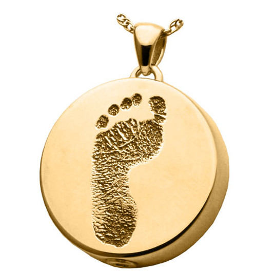 Footprint Round Solid 14k Gold Memorial Cremation Pendant Necklace