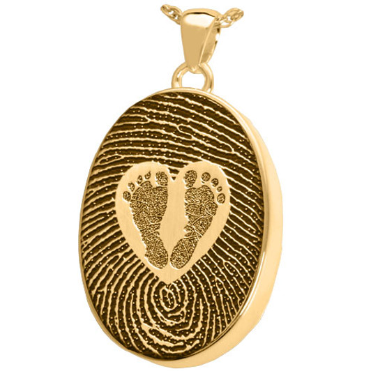 Footprints within a Heart over Fingerprint Oval Solid 14k Gold Memorial Cremation Pendant Necklace