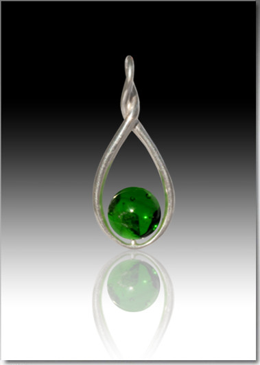 Green Melody Twist Cremains Encased in Glass Sterling Silver Cremation Jewelry Pendant