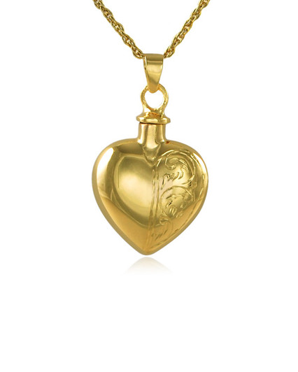 Half-Etched Heart Gold Vermeil Cremation Jewelry Pendant Necklace