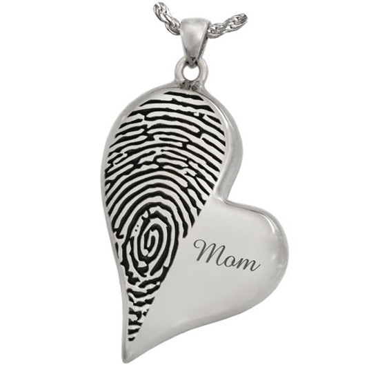 Half Fingerprint Teardrop Heart Sterling Silver Memorial Cremation Pendant Necklace