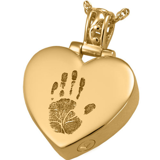 Handprint Heart with Filigree Bail Solid 14k Gold Memorial Cremation Pendant Necklace