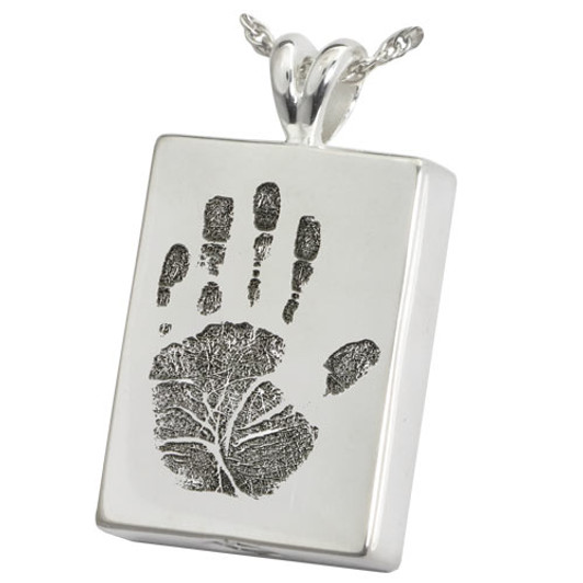 Handprint Rectangle Sterling Silver Memorial Cremation Pendant Necklace