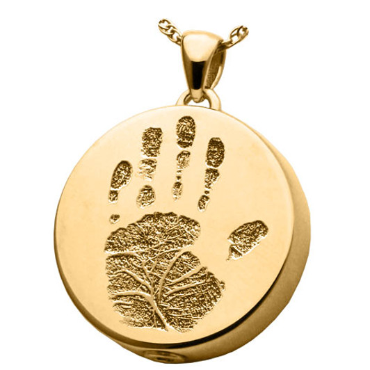 Handprint Round Solid 14k Gold Memorial Cremation Pendant Necklace