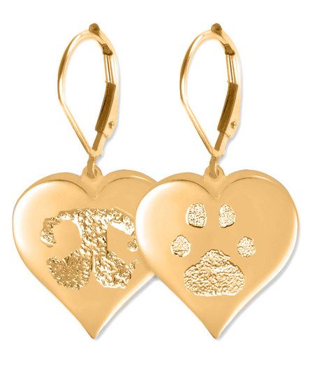 Heart Buddies 3D Pet Paw Print / Nose Print 14k Gold Memorial Earrings