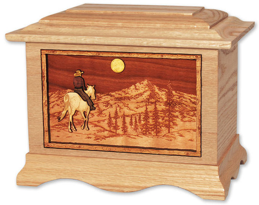 Horse Rider and Mountains with 3D Inlay Oak Wood Cremation Urn