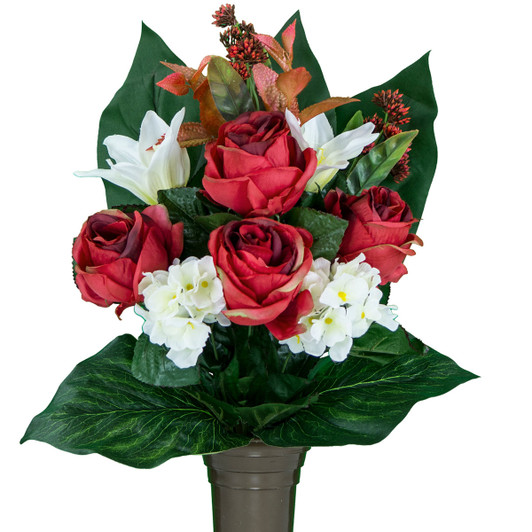 Mausoleum Red Rose with White Hydrangea and Lily Silk Flowers for Cemeteries