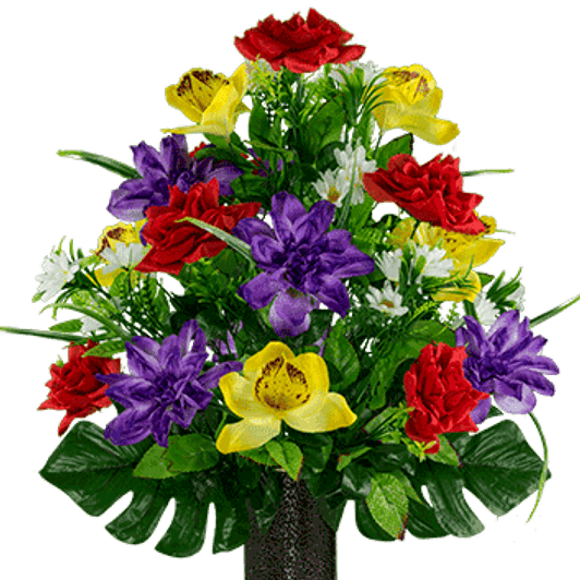 Medium Red Yellow and Purple Orchid Mix Silk Flowers for Cemeteries