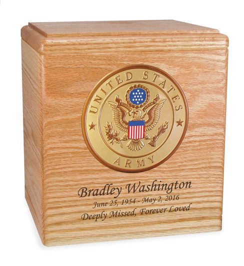 Military Oak Wood Cremation Urn with Military Branch Choice